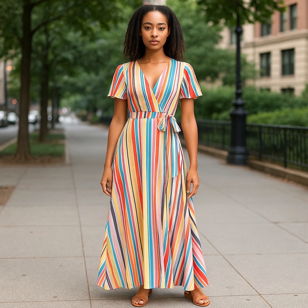 Louna Meghan Multi Striped Wrap Maxi Dress Medium